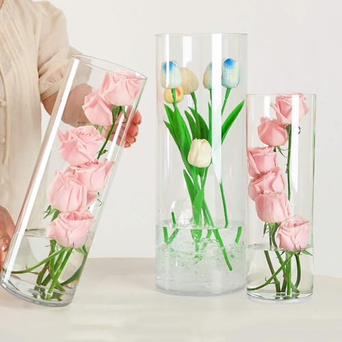 Liotww Acrylic Cylinder Clear Vases, Tall Large Plastic Flower Vase for Bouquet, Unbreakable Hurricane Vases Set of 3 for Centerpieces (D 6", D 4.8", D 4" + 3 Holder) - color: 3-xl Clear
