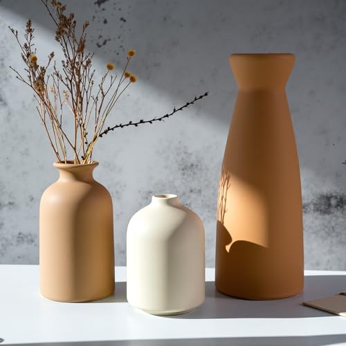 Ceramic Small Vase Set of 3,Modern Boho Farmhouse Home Decor,Pampas Grass Vase,Minimalist Decor,for Entryway Table,Bookshelf,Living Room, Bedroom,Kitchen,Coffee Table Decoration - color: Coffee Mix