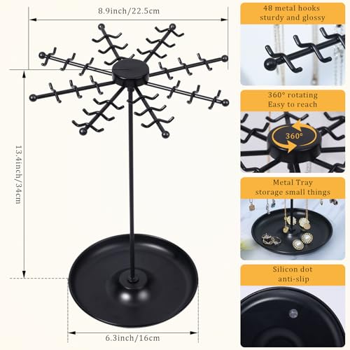 Rotating Necklace Holder Jewelry Stand, Gold Necklace Organizer Display with 48 W-shaped Hooks,Jewelry Organizer for Necklaces Earrings Rings Storage Tree, Presents for Women - color: black-1pcs
