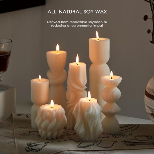 7-Pack Pillar Candles - Soy Wax Handmade Ribbed Candles for Home Decor, Housewarming Gift, Shelf & Table Decor - Aesthetic Modern Candles Set (White) - color: White