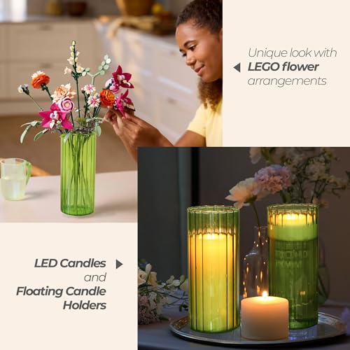 ComSaf Glass Cylinder Vases, Bud Vase for Centerpieces, 8 Inch Tall Ribbed Vase Hurricane Floating Candle Holder, Decorative Flower Vases for Wedding Reception, Home Decor, Housewarming Gift (Green) - color: Green