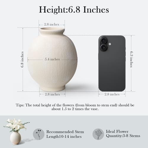 Ceramic Decorative Flower Vase - Rustic Farmhouse Boho Ceramic Vase for Home Decor, Table Centerpiece, Living Room, Bathroom, Book Shelf, Mantel Decoration, Wedding Decor (6.8" White) - color: Modern White-6.8"