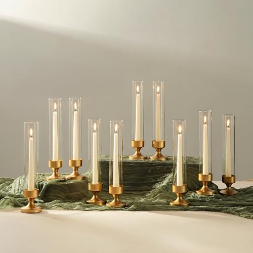 NUPTIO Hurricane Glass Candle Holder: Set of 10 Metal Taper Candle Holders with Sleeves - Gold Candlestick Holders Bulk for Outdoor Party Wedding Table Centerpiece Decoration - size: 10 Pcs