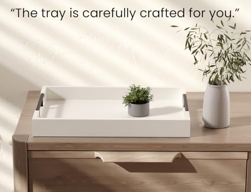 Fibogollo Bamboo Serving Tray with Metal Handles,17x12in Ottoman Decorative Trays Platter for Coffee Table,Living Room,Bar,Party,Large(White) - style: White-Large