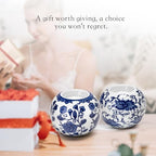 One Pair Classic Celadon Tealight Holder Set, Chinoiserie Blue and White Porcelain from Jingdezhen, Candle Holder for Housewarming Gifts and Home Decoration (W 3.54 in x H 2.76 in)