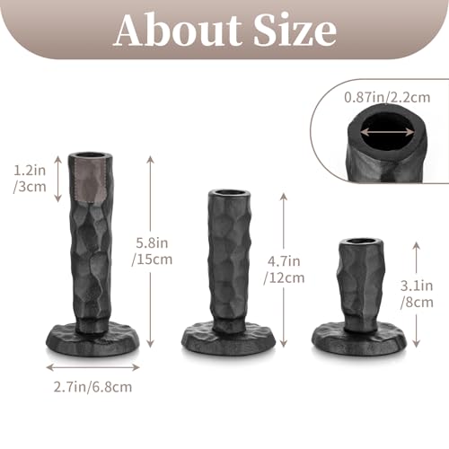 Sziqiqi Black Iron Candlstick Holders: Cast Iron Taper Candle Holder for Candlesticks - Hammered Short Candleholder Set of 3 for Dining Table Mantle Fireplace