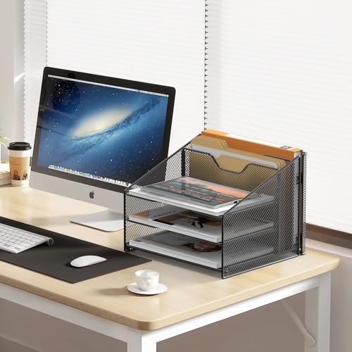 Samstar Desk File Organizer, Mesh Letter File Folder Holder with 3 Paper Trays and 2 Vertical Upright Section, for Office Supplies,Desk Accessories & Workspace,Black. - color: 1 Pack Black
