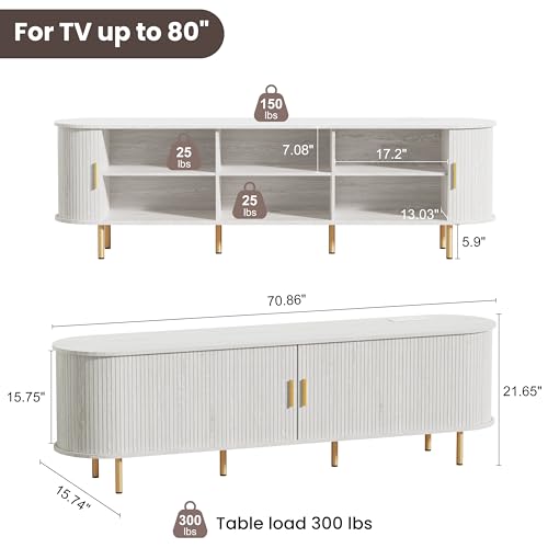 DHH 70.8 Inch Mid Century Modern TV Stand with Power Outlet for TVs up to 80 Inch, Entertainment Center with Storage and Adjustable Shelves, Media Console with Sliding Doors for Living Room(White) - color: White, size: 71 Inch