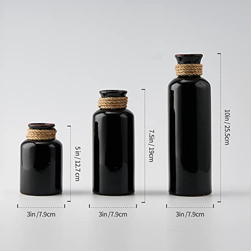 LUKA Ceramic Rustic Farmhouse Vase Set of 3,Terracotta Vases for Decor,Antique Vase for Your Bedroom,Office,Living Room,Fireplace Decor,Housewarming （10+7.5+5 Inch） - color: Black