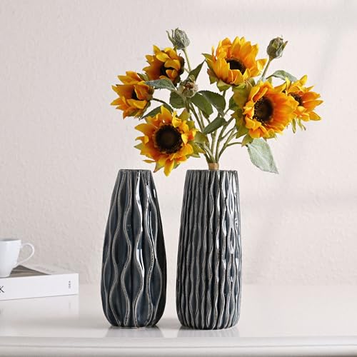 VICTOR & TERESA Ceramic Vase for Flowers, 10'' Set of 2 Decorative Blue Vases for Home Decor, Farmhouse Vases for Pampas Grass, Table, Mantel, Living Room, Shelf, Centerpieces, Gifts for Mom - color: Blue, size: Large