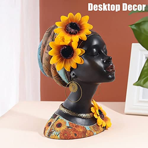 African Art Bust Statue, Home Decor African Sunflower Girl Figurines, Home Decor Resin Black African American Bust Sculpture, Suitable For Living Room, Room, Desktop, Bookcase, Wooden Shelf Decor