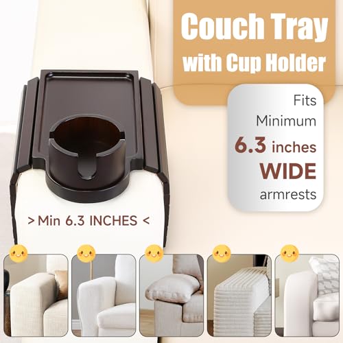SINWANT Couch Cup Holder Tray, 2 in 1 Bamboo Couch Armrest Table Clip on Sofa Armrest Table,Foldable Anti Silp Arm Rest Side Tray for Drink Coffee Mug, Snacks, Remote - color: Black Walnut