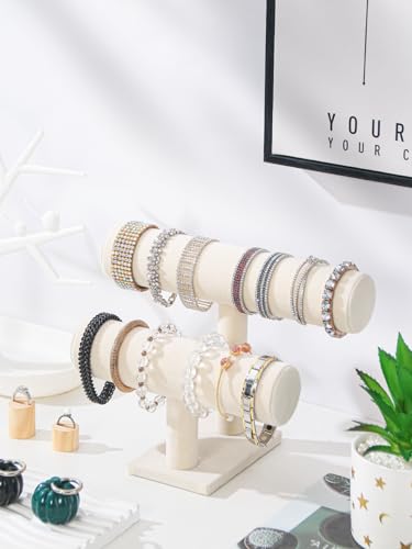 Coward 2 Tier Bracelet Holder Jewelry Display Stand, Necklace Bangle Bracelet Watch Organizer Storage Rack, Jewelry Show Tower for Women (Beige Velvet) - color: Beige, size: 2 Tier