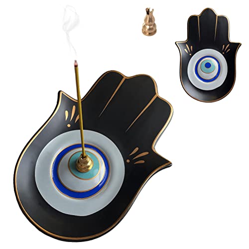 Ceramic Hamsa Hand Incense Holder - 2 in 1 Brass Incense Holder for Sticks and Coil Incense- Zen Decor with Hand of Fatima Design Protection from Evil - 6.2" L X 4.5" W (Blackeye) - color: Blackeye