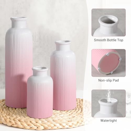 Small Gradient Pink Ceramic Vase Set of 3, Boho Modern Flower Vase Room Decor, Farmhouse Decor, Vases for Your Kitchen, Bathroom, Bedroom, Living Room, Office&Shelf Centerpiece Table Decorations - color: Gradient Pink
