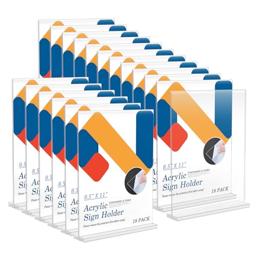 Relx 18 Pack Acrylic Sign Holder 8.5 x 11, Vertical T Shape Plastic Sign Holder with Base, Double-Sided Clear Tabletop Plexiglass Flyer Stands for Restaurant Office Store Home Picture Frame Display - color: 18pack