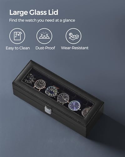SONGMICS Watch Box, 6-Slot Watch Case Organizer with Large Glass Lid, Removable Pillows, Gift for Loved Ones, Black Synthetic Leather, Black Lining UJWB06B01 - color: Black + Black, size: 6 Slot