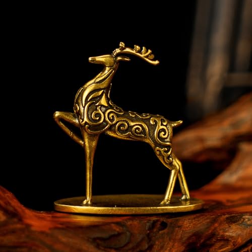 Solid Brass Deer Figurine with Auspicious Cloud Patterns, Retro Desktop Decor, Collectible Figurines, Handcrafted Art Deco Sculpture for Office Desk, Home Decor, Lucky Symbol Ornament - style: Lucky Cloud Deer