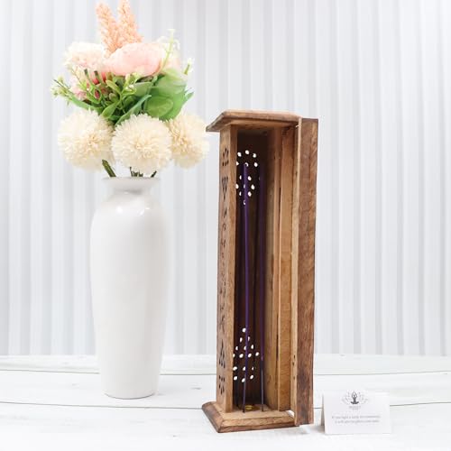 Hosley Hand-Carved Wooden Incense Stick Holder Tower – Tall Decorative Burner Box with Hinged Door for Aromatherapy, Meditation, Yoga, Home & Office Décor (Includes 20 Incense Sticks) - color: Brown