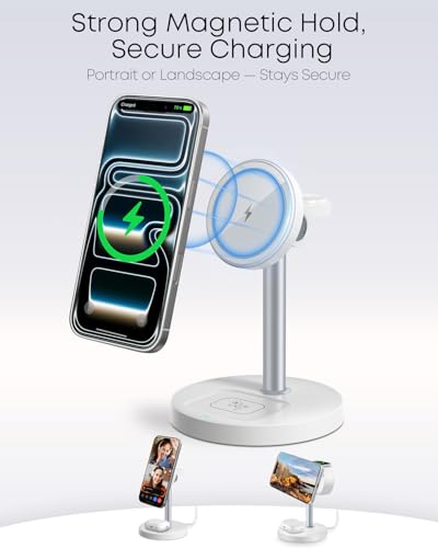 3 in 1 Magnetic Wireless Charging Station, 15W Fast Charger Stand for iPhone, Phone Charger Stand for Desk Nightstand, Compatible with iPhone 17/16/15/14, Apple Watch & AirPods, Adapter Not Included - color: White