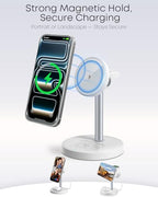 3 in 1 Magnetic Wireless Charging Station, 15W Fast Charger Stand for iPhone, Phone Charger Stand for Desk Nightstand, Compatible with iPhone 17/16/15/14, Apple Watch & AirPods, Adapter Not Included - color: White