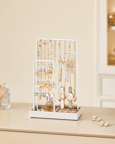 SONGMICS Jewelry Holder, Jewelry Organizer, Jewelry Display Stand with Metal Frame, Velvet Tray, Necklace Earring Bracelet Holder, for Studs, Rings, Gift Idea, Matte White UJJS021W01 - color: Matte White