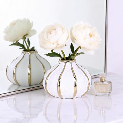 White Gold Home Decor Vase, Round White Bud Ceramic Vase for Flowers, Luxury Home Decoration, Dining Table Centerpiece (E-White)