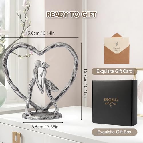 Anniversary Wedding Gift for Her Wife Husband Couple， Antique Silver Metal Couple Figurine Heart Sculpture Love Statue，Romantic 1st to 60th Anniversary,Includes Gift Box and Gift Card，Valentines Gifts - color: Antique Silver