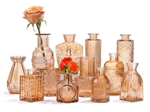 12 Pcs Glass Bud Vase Set, Small Glass Vases for Flowers, Mini Clear Bud Vases for Centerpieces, Wedding, Home, Office and Table Decoration, Amber - color: Amber, size: 12pcs