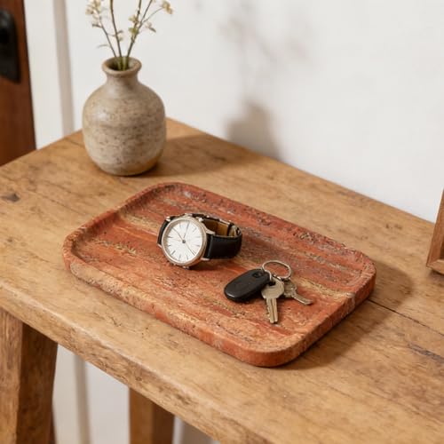 Koville Red Travertine Tray, 12"x8" Natural Stone Vanity Tray for Countertop Bathroom Kitchen Dresser, Decorative Marble Catchall Trays for Perfume Jewelry, Rectangular Serving Tray - color: Red Travertine