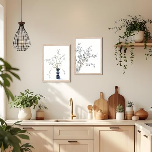 Framed Watercolor Floral Wall Art Canvas Print – Minimalist Botanical Painting with Solid Wood Frame and Acrylic Cover, Neutral Flower Picture for Living Room Bedroom Home Decor16X20IN - color: Eucalyptus fruit, size: 20"L x 16"W