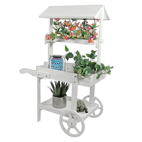 Sunnydaze Flower Cart Display Stand with Wheels - Dessert Candy Cart - Market Flower Display Stand - 2 Shelves - Fir Wood - White - color: White