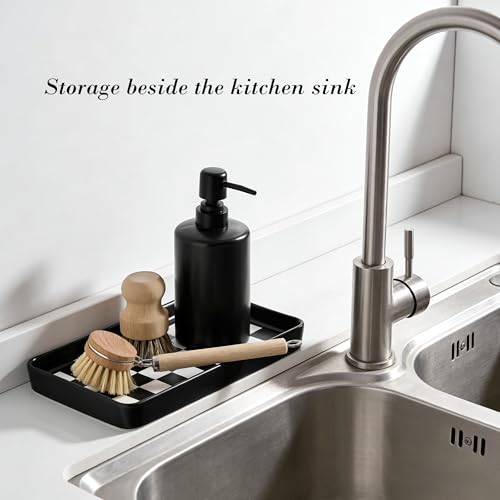 10"×6"×1" Texture Checkered Surface Bathroom Vanity Tray for Countertop- Ceramic Decorative Organizer Tray for Dresser Top, Toilet, Perfume, Sponge Holder Soap Dish Dispenser for Kitchen Counter - color: Black Color With Checkered Pattern-1 Pc