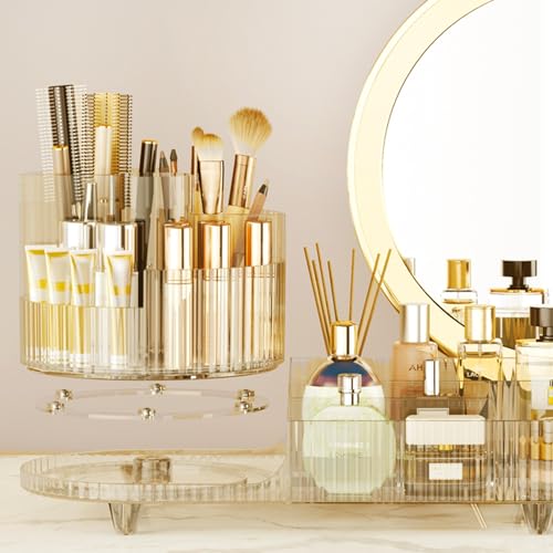 Rotating Makeup Organizer for Vanity with Brush Holder, Cosmetic Makeup Storage Organizer, Large Spinning Makeup Skincare Organizer, Countertop Makeup Perfume, Lotions Display Case (Transparent Gold) - color: Transparent Gold