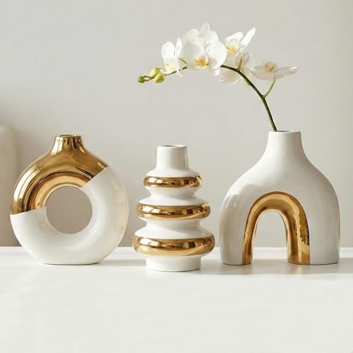 Modern Ceramic Decorative Vase Set of 3 – Minimalist Sculptural Vases for Living Room, Shelf & Table Decor, Nordic Donut Vase Set for Contemporary Home Decor (White and Gold) - color: White and Gold