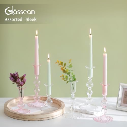 Glasseam Tapered Candlestick Holders Pink: Set of 3 Glass Candle Sticks Holder Decor with Bobeche Modern Ribbed Taper Candle Holders for Table Centerpiece Valentines Wedding Home Decorations - color: Pink