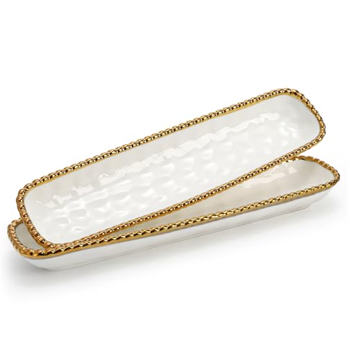 SOUJOY 2 Pack Porcelain Cracker Tray with Gold Pearl Edge, 14 Inch Rectangular Charcuterie Serving Platters, Dishwasher Safe Ceramic Cookie Plates for Cheese Ham Fruit, Perfect for Display Foods