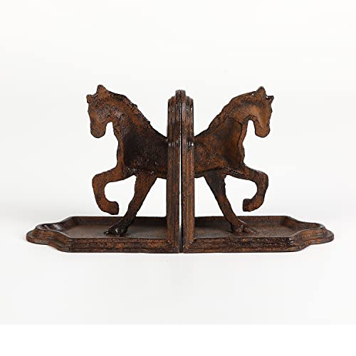 Jemeni 2 Pack Farmhouse Galloping Horse Bookends, Horse Bookends, Rusty Finish