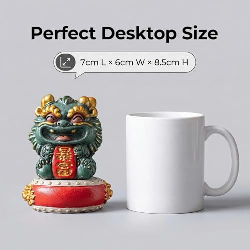 Natural Himalayan Granite Guardian Lion Figurine, Chinese Feng Shui Wealth-Attracting Ornamental Animal Sculpture, Green Good Luck Decorative Statues with Red Base for Home Tabletop Decor, Set of 1