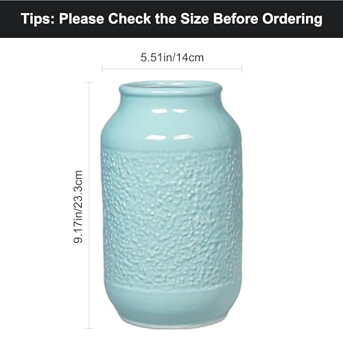 Blue Ceramic Vase for Home Decor - 9 Inch Textured Flower Vase for Table Centerpiece - Modern Decorative Pottery Vases for Flowers, Living Room, Shelf, Mantle Decor - color: Light Blue