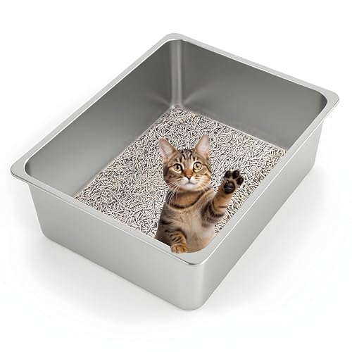 Kirecoo Stainless Steel Cat Litter Box XL- Metal High Sided Cat Pan, Large Stainless Steel Box, Indoor Litter Tray, Non Stick, No Smell, Easy to Clean, Pet Toilet Supplies for Kitten, Kitty, Rabbit - size: 23.43" L x 15.55" W x 5.7" H