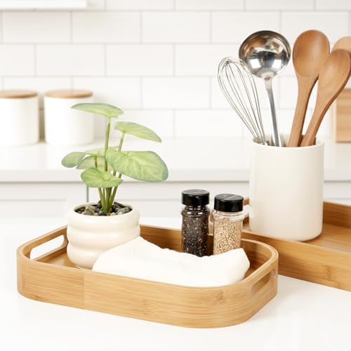 Set of 2 Wood Trays, Solid Wood Serving Tray with Handles, Rectangular Breakfast & Dinner Tray for Food, Coffee, Tea, Parties, 15.7" L x 11" W / 12.6" L x 8.7" W