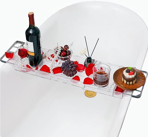 IEEK Expandable Bath Tray with Wine and Book Holder - Clear Acrylic Bathtub Caddy Shelf - Plastic Board Gift for Women