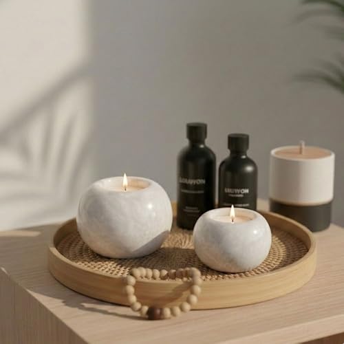 Radicaln Marble Tealight Candle Holder 4" Inches White Handmade Candle Accent for Home Decor, Ideal Set of 3 Small Marble Taper Holder for Table Centerpieces, Votive Candle Holder - color: White