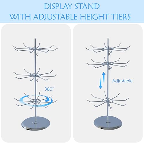 3 Tier Jewelry Holder with 8 Hooks Adjustable Height Chrome Countertop Spinner Display Stand for Necklace & Bracelet Keychain Display - size: Standard - 24 hooks