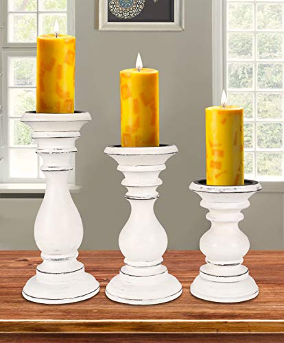 Candle Holders Set of 3 (10",8" & 6" Height)_White Antique,Pillar Candle Holder in Mango Real Wood,Decorative Candle Holders for Table Centerpiece, Wedding, Party, Home Décor, Spa, Farmhouse, Gifting - color: White Antique, size: 10"+8"+6" - High