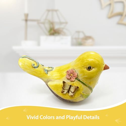 4.3 Inch Yellow Hand-Painted Resin Bird Figurine, Ceramic Look High-Gloss Bird Sculpture Decor for Home Shelf Living Room Tabletop, Ideal Spring Housewarming Birthday Gift - color: Yellow