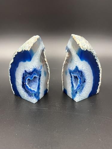 AMOYSTONE Natural Blue Agate Geode Bookends, Decorative Book Ends for Shelves, Stackable Book Stopper for Small Books, Unique Agate Stone Bookends, 2-3 LBS, Perfect for Home Office Decor - color: Blue, size: 2-3 Pounds