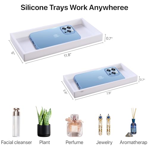 Bathroom Vanity Tray, 8 x 4 inch Silicone Dresser Jewelry Ring Dish Tank Storage Kitchen Sink Countertop Tray Holder for Perfume Soap Towel Bathroom Trays, Mini, White - color: White, size: 7.9" x 3.9" x 0.7"