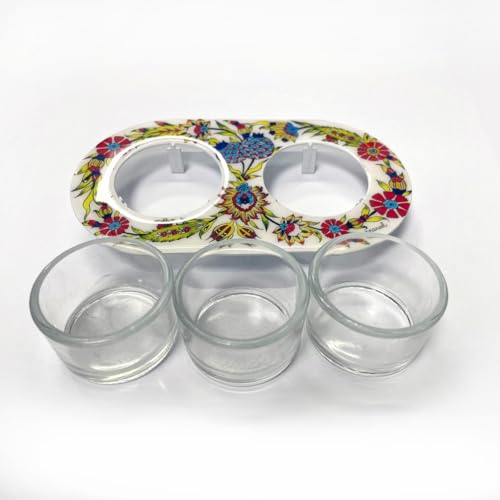 Yair Emanuel Shabbat Candle Holders for Tea Light Candles – Vibrant Decorative Metal Base with Glass Cups – Modern Judaica Gift (Oriental Flowers - Cal-2) - color: Oriental Flowers - Cal-2